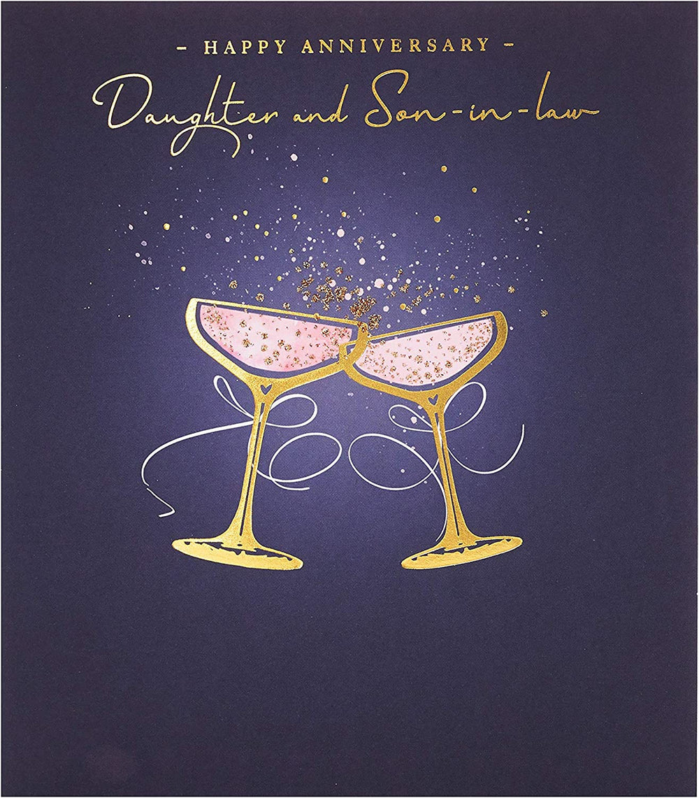 UK Greetings daughter and son-in-law anniversary greeting card featuring colorful floral design and heartfelt message.