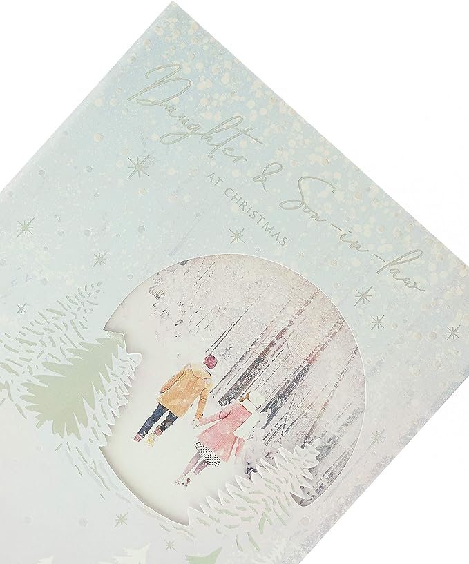 UK Greetings Christmas card featuring daughter and son-in-law with a beautiful winter scenery design.