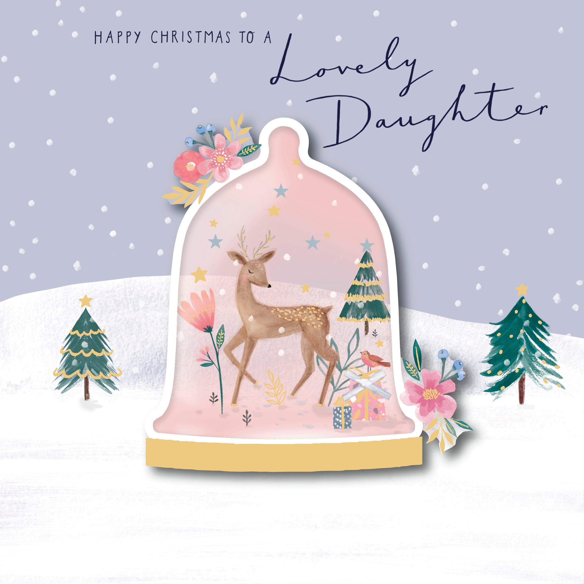 UK Greetings Daughter Deer in Bell Jar Pink Christmas Card featuring a cute deer illustration inside a glass jar.