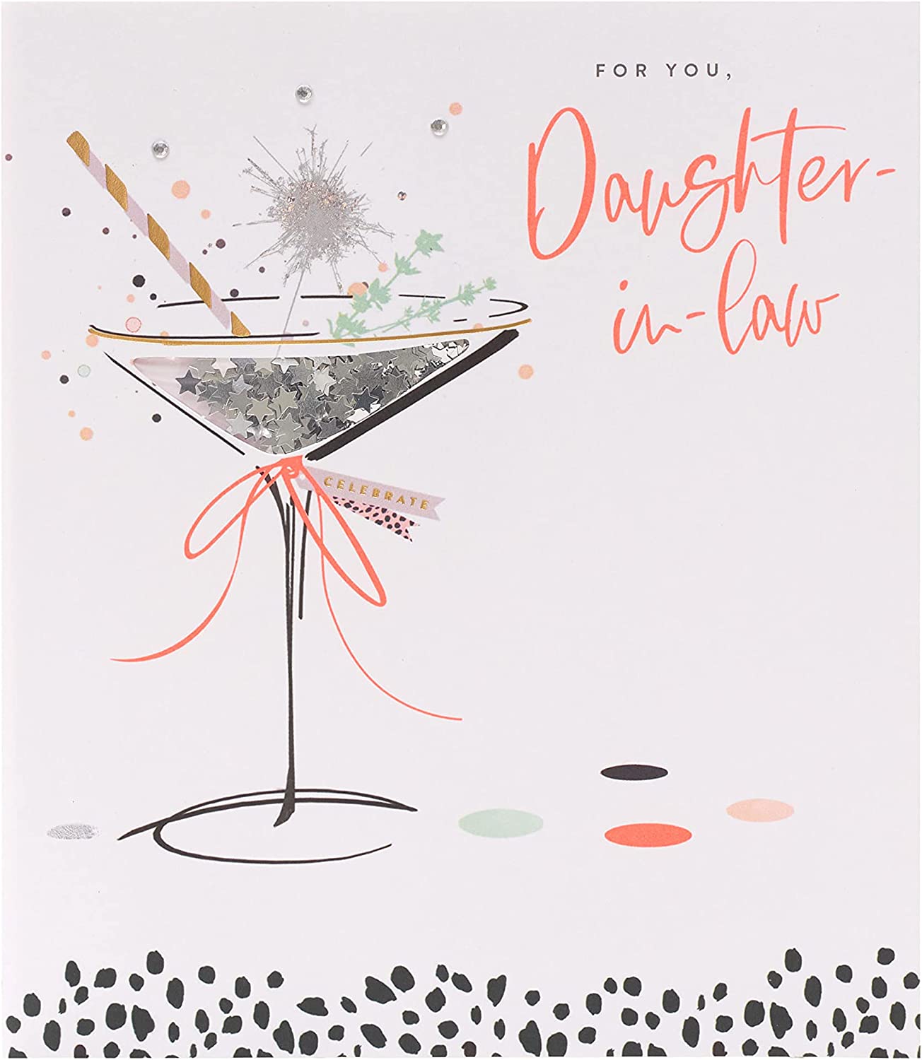 UK Greetings Daughter-in-Law birthday card featuring a cocktail neon lustre design, perfect for celebrating her special day.