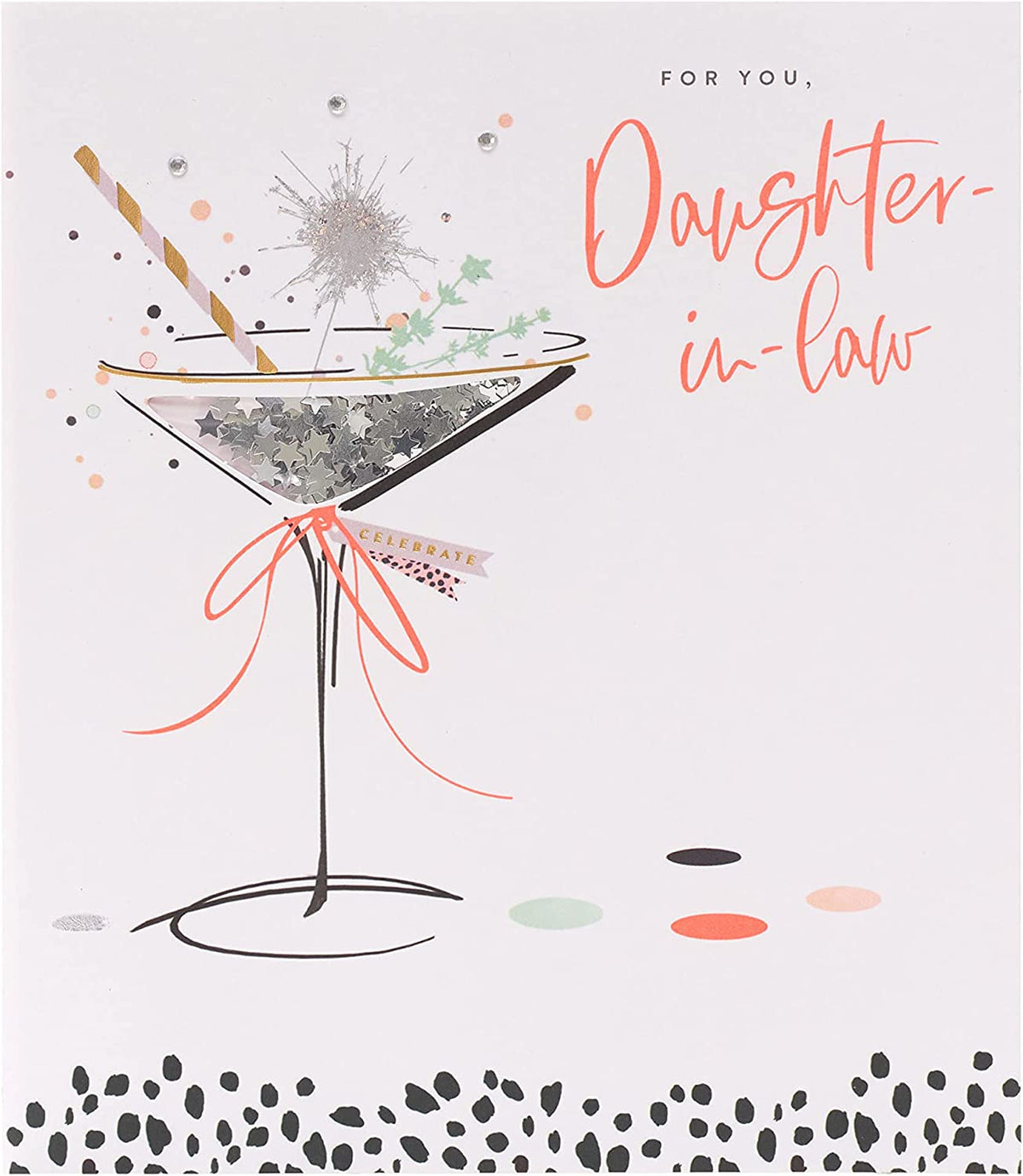 UK Greetings Daughter-in-Law birthday card featuring a cocktail neon lustre design, perfect for celebrating her special day.