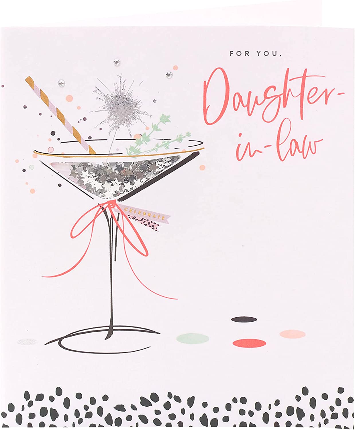 UK Greetings Daughter-in-Law Birthday Card featuring a colorful cocktail neon lustre design, perfect for celebrating special occasions.