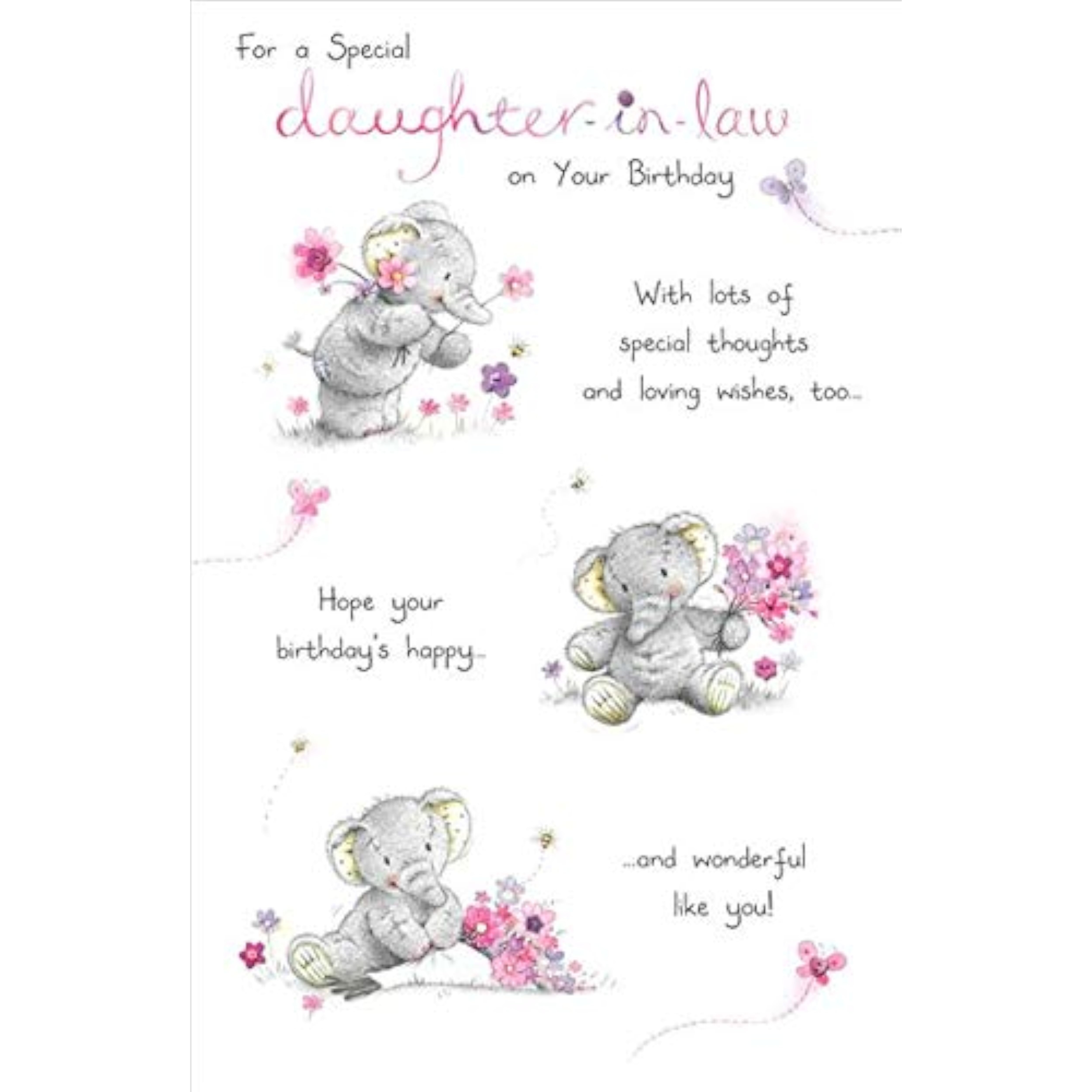 UK Greetings daughter-in-law birthday card featuring a cute illustrated elephant, perfect for celebrating her special day.