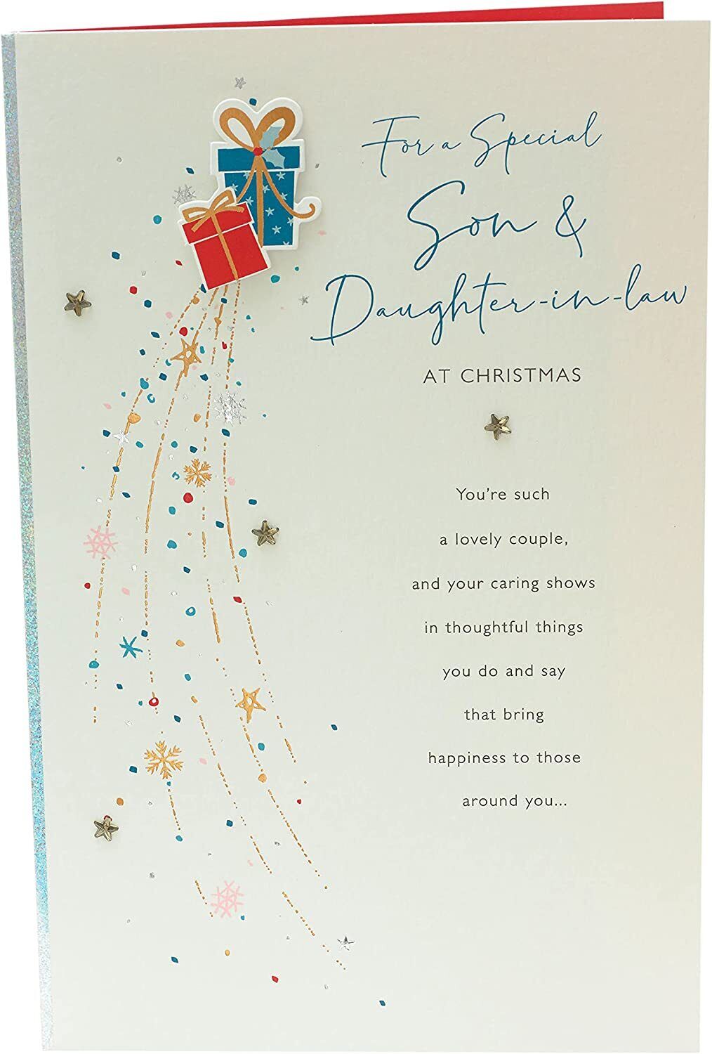 UK Greetings Daydreams dual presents Christmas card featuring son and daughter-in-law, with festive holiday design and heartfelt message.