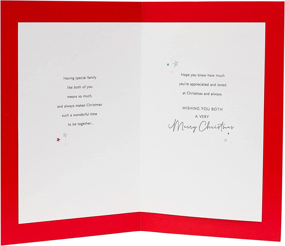 UK Greetings Daydreams Christmas card featuring dual presents for son and daughter-in-law, with festive holiday design.