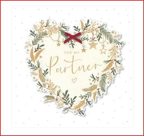 UK Greetings decorative heart partner Christmas card, featuring festive heart design and romantic message for loved ones.