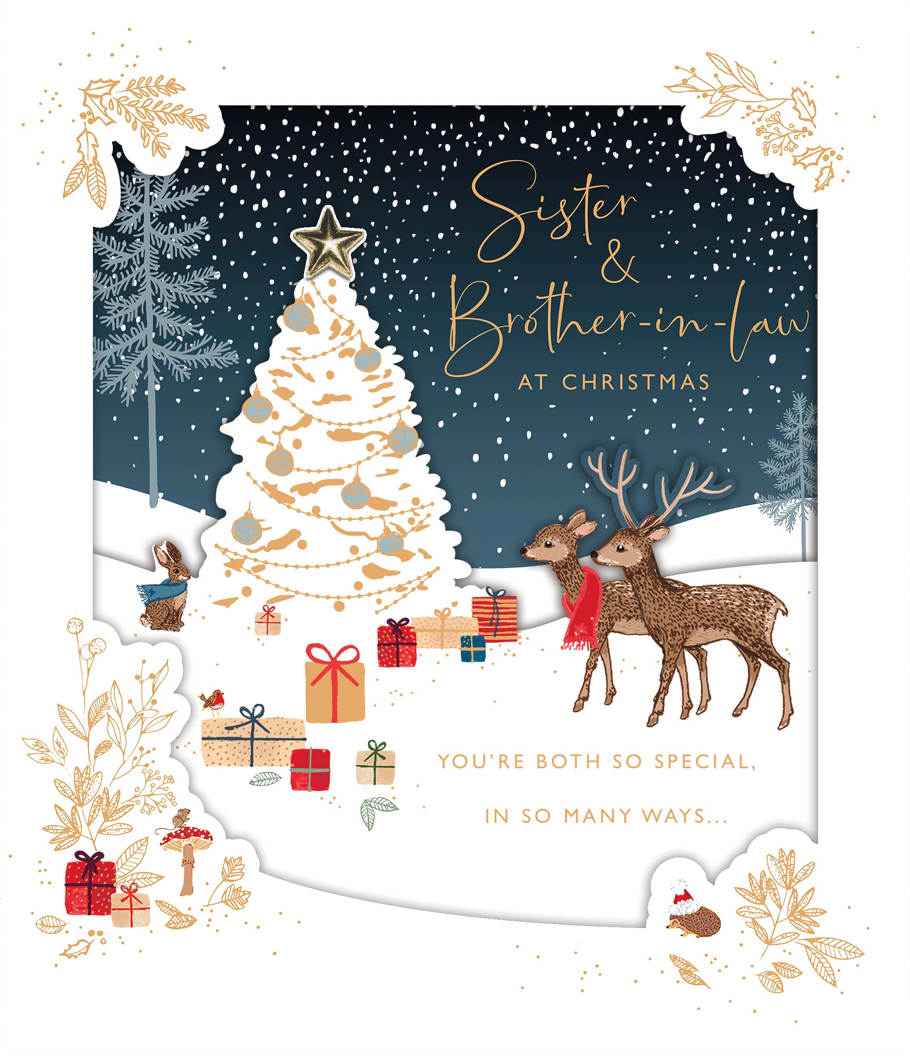 UK Greetings Deer Christmas scene greeting card featuring a sister and brother-in-law for holiday wishes.
