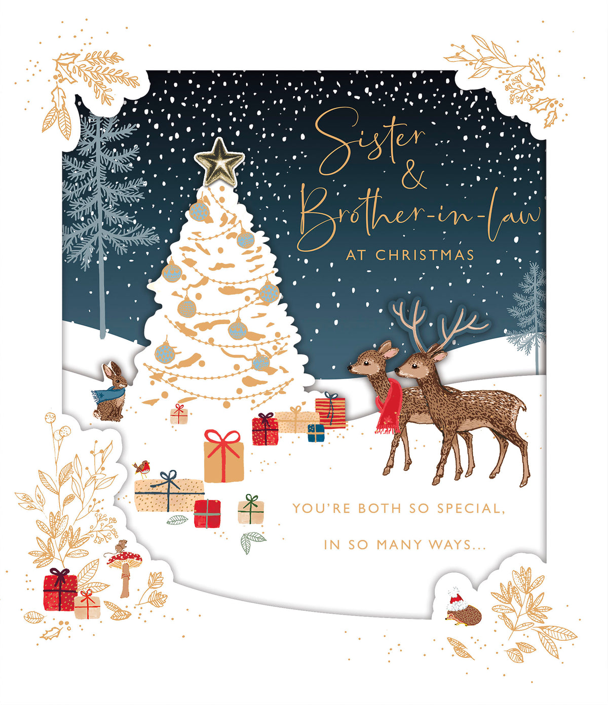 UK Greetings Deer Christmas scene greeting card featuring a sister and brother-in-law for holiday wishes.