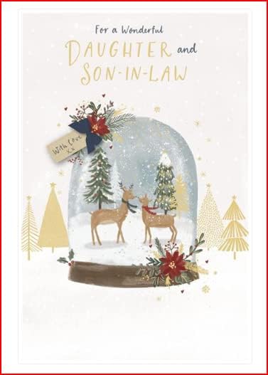 UK Greetings Deer Snow Globe Christmas card featuring daughter and son-in-law, with festive holiday design and snowy scene.