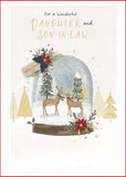 UK Greetings Deer Snow Globe Christmas card featuring daughter and son-in-law, with festive holiday design and snowy scene.