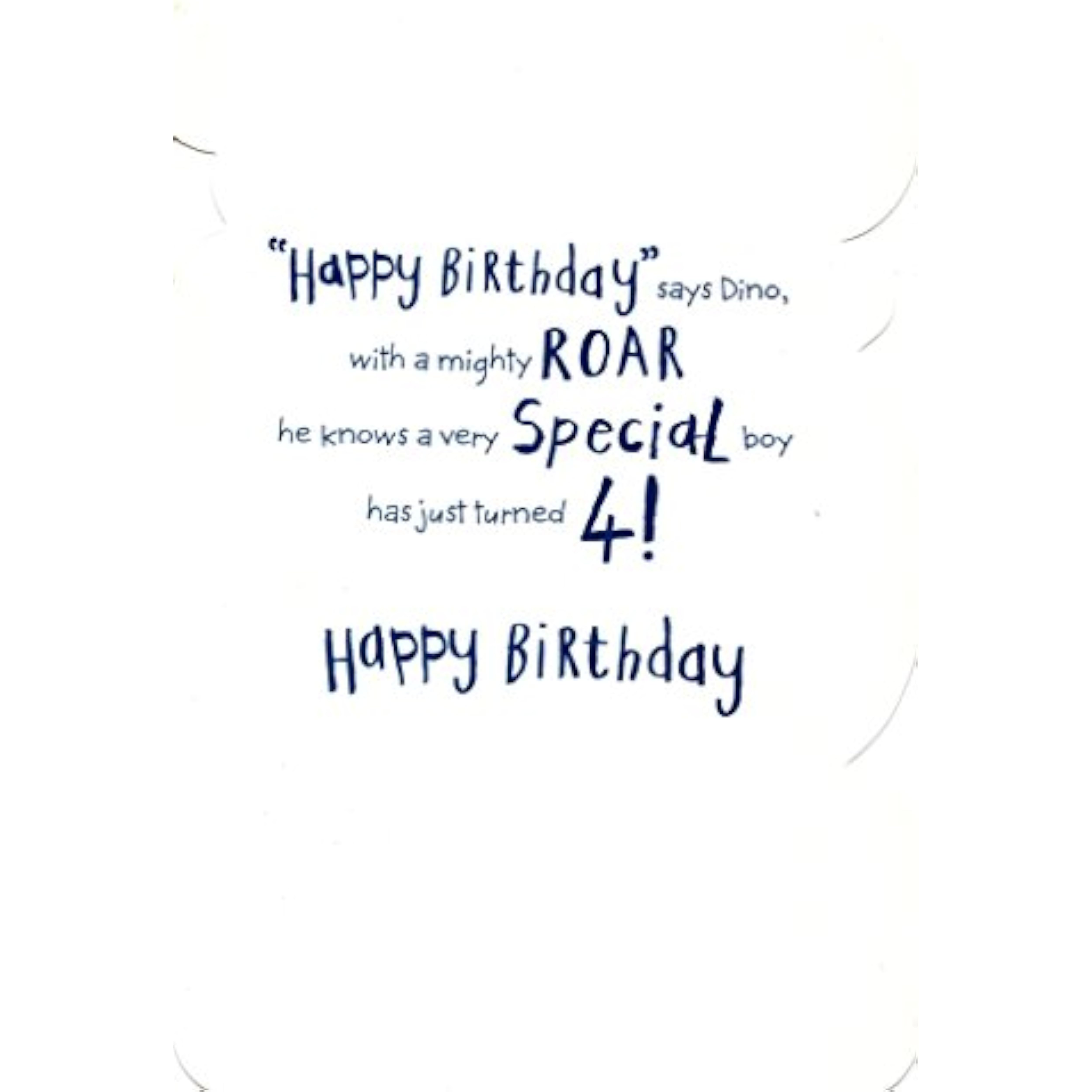 UK Greetings dinosaur design 4th birthday greeting card with badge, featuring colorful dinosaur illustrations for kids' birthday celebration.