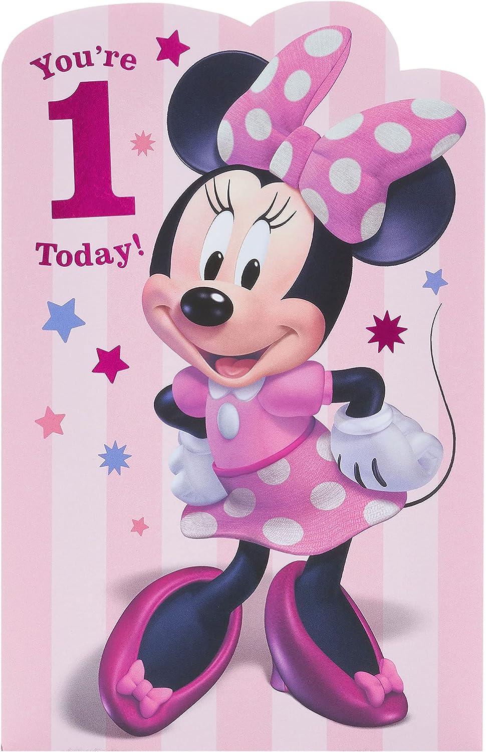 Pink Disney 1st birthday greeting card for girls featuring Minnie Mouse with an envelope, by UK Greetings.