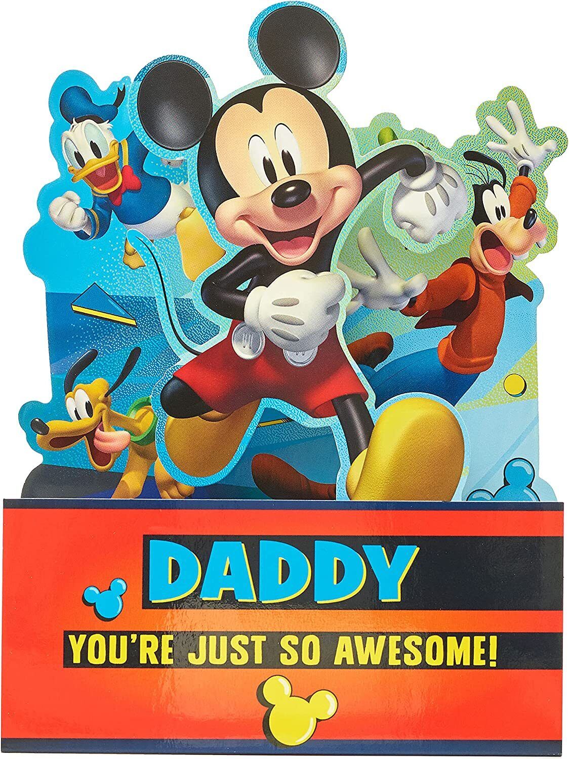 Disney Mickey Mouse 3D pop-up birthday greeting card by UK Greetings, featuring Mickey Mouse with festive birthday elements.