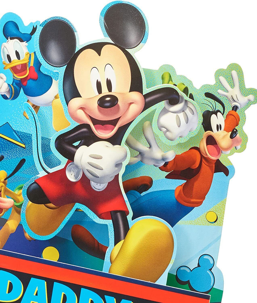 UK Greetings Disney 3D Pop Up Mickey Mouse Daddy birthday greeting card with colorful Mickey Mouse design and festive message.