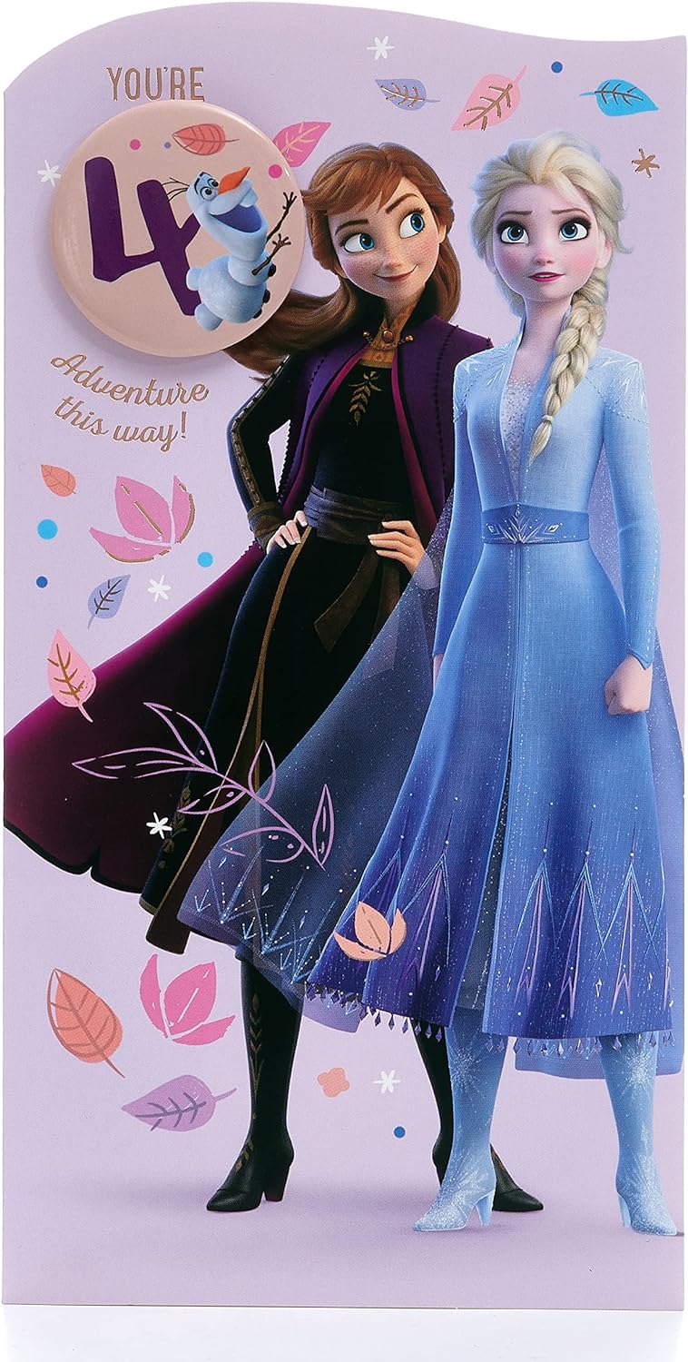 UK Greetings Disney 4th birthday card for girls featuring Elsa and Anna from Frozen, with envelope and colorful winter design.
