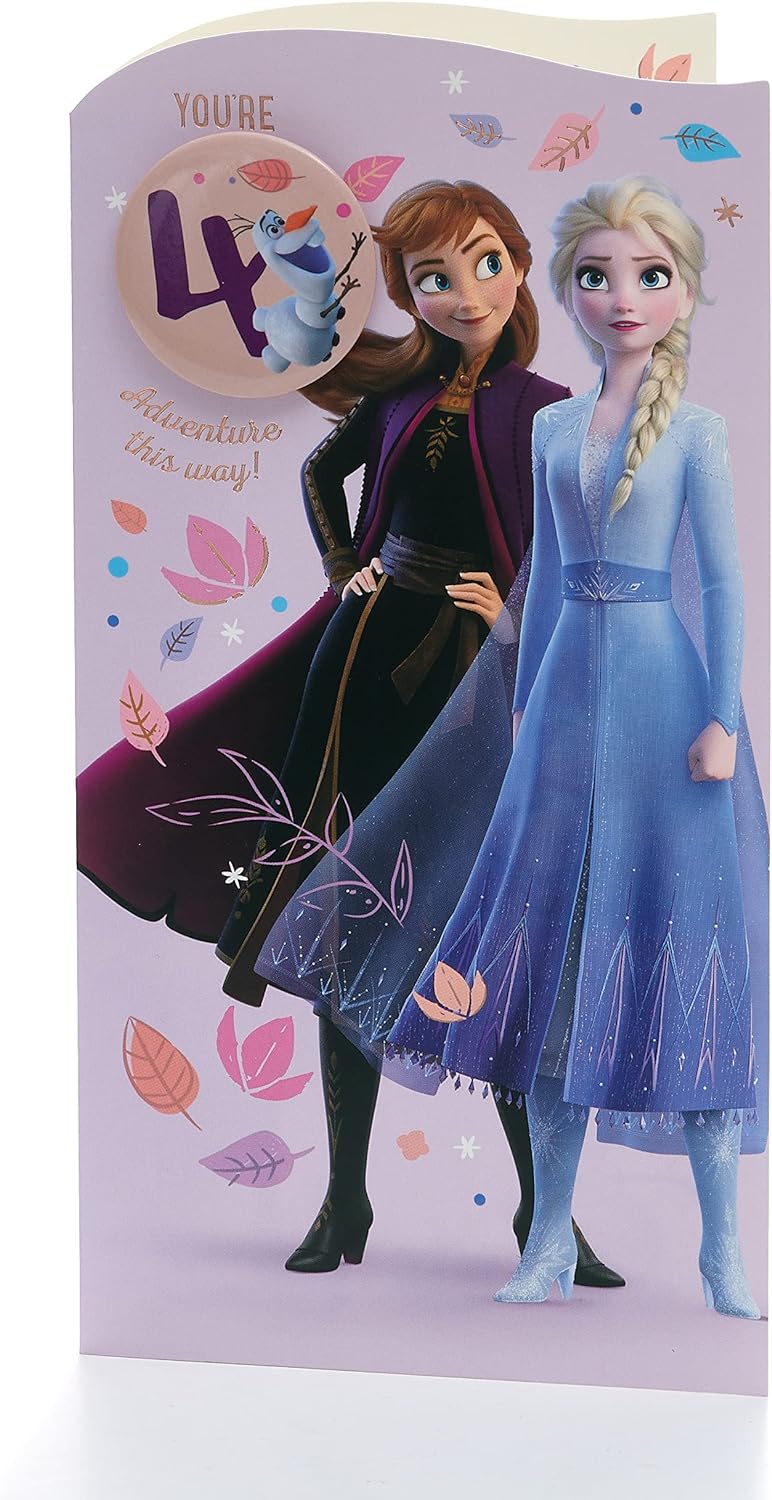 UK Greetings Disney 4th birthday greeting card for girls featuring Elsa and Anna from Frozen with an envelope.