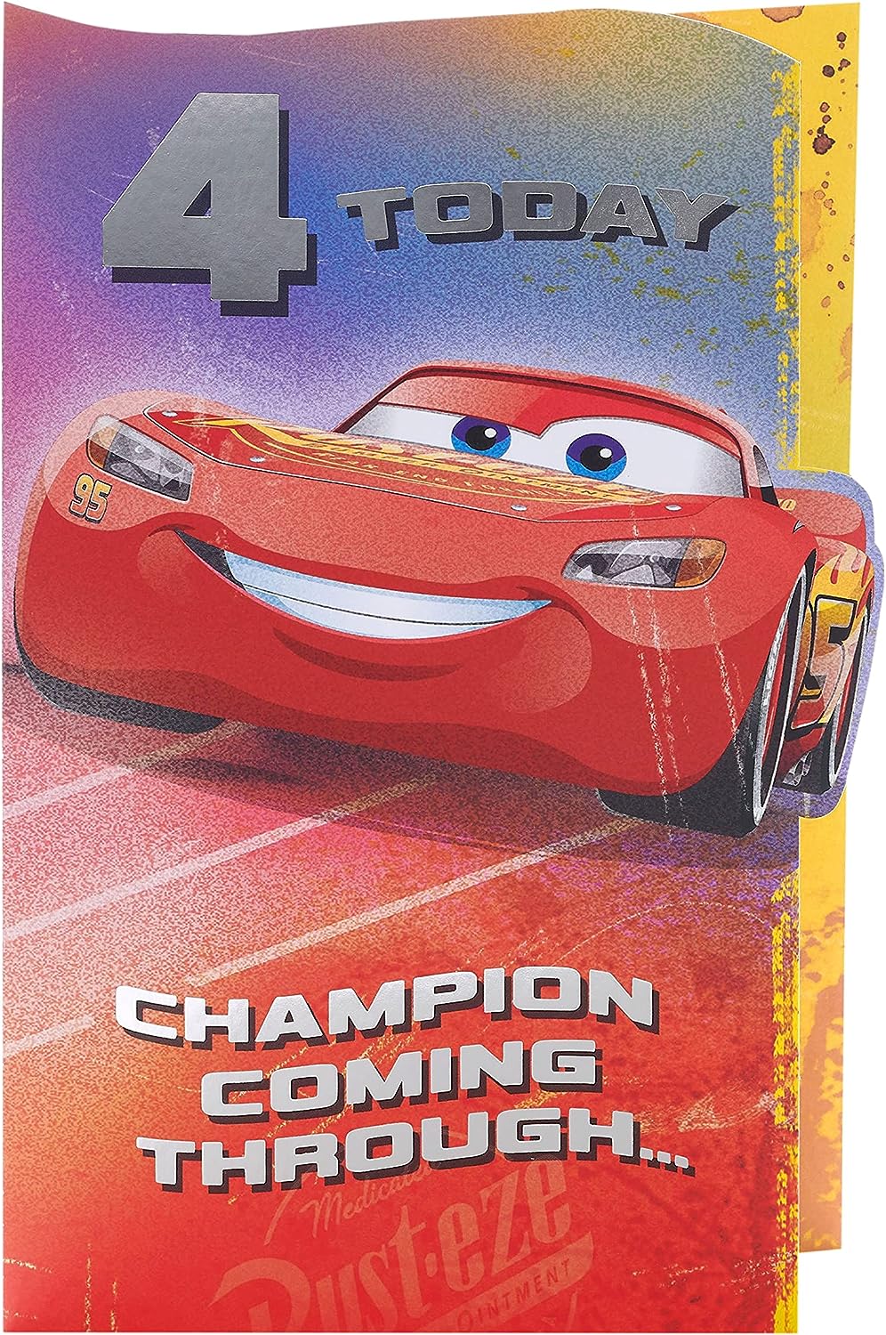 Disney Cars 4th birthday greeting card for boys by UK Greetings featuring Lightning McQueen with envelope.