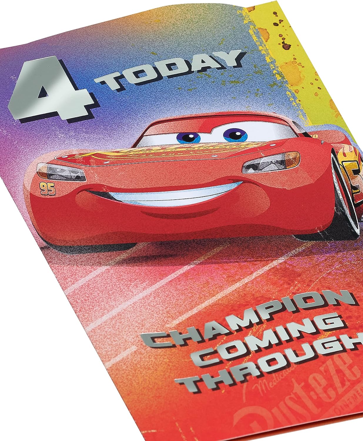UK Greetings Disney 4th birthday card for boys featuring Lightning McQueen from Cars with envelope, colorful and festive design.