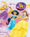 Disney 4th birthday greeting card by UK Greetings featuring princesses Rapunzel, Jasmine, and Belle with colorful design.
