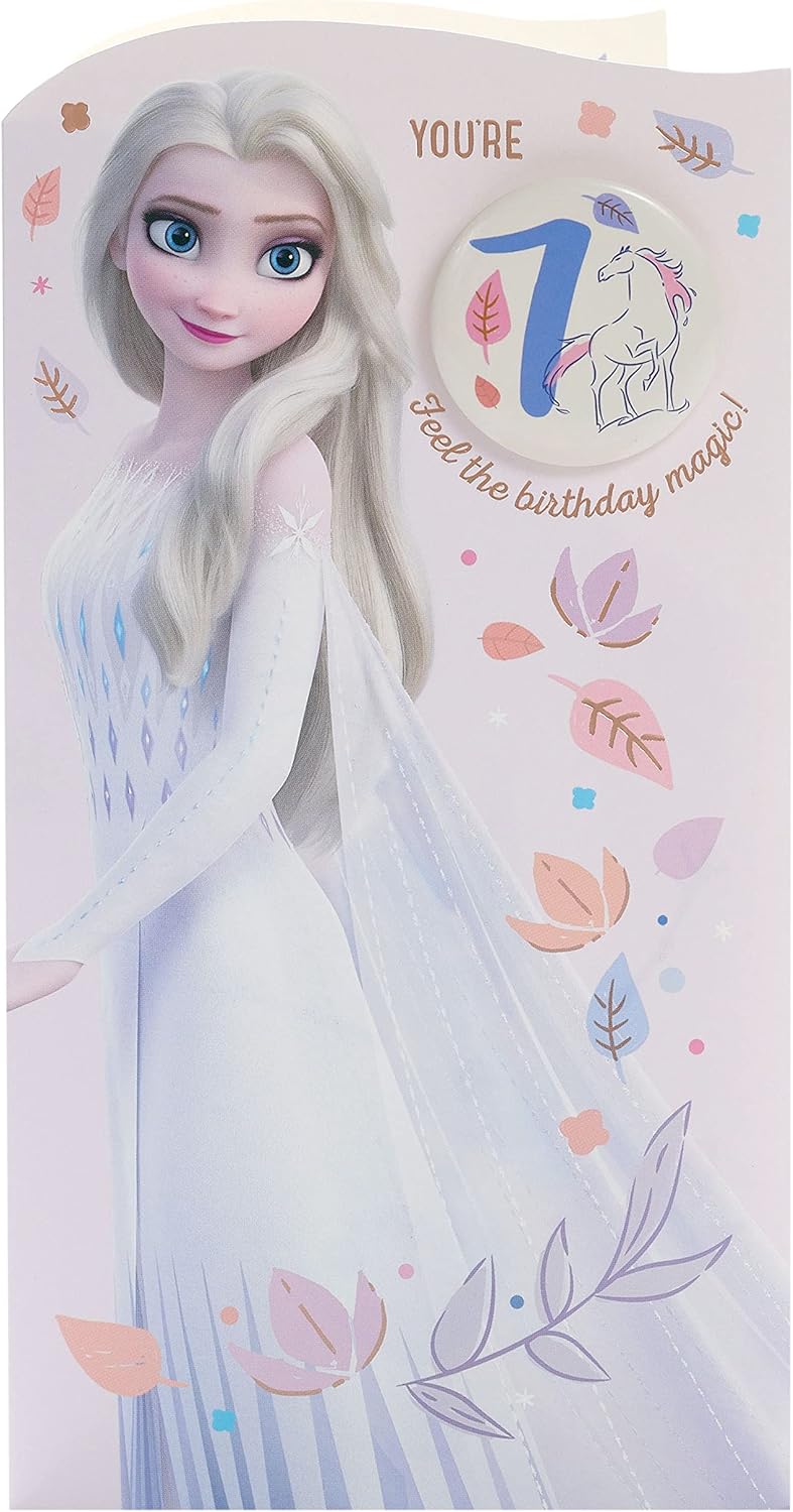 Disney Frozen 7th birthday greeting card for girls by UK Greetings featuring Elsa and a matching envelope.