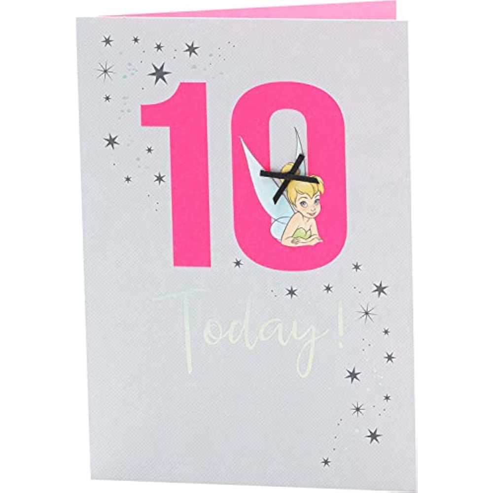 UK Greetings Disney birthday card for a 10-year-old girl, featuring colorful Disney characters and festive design.
