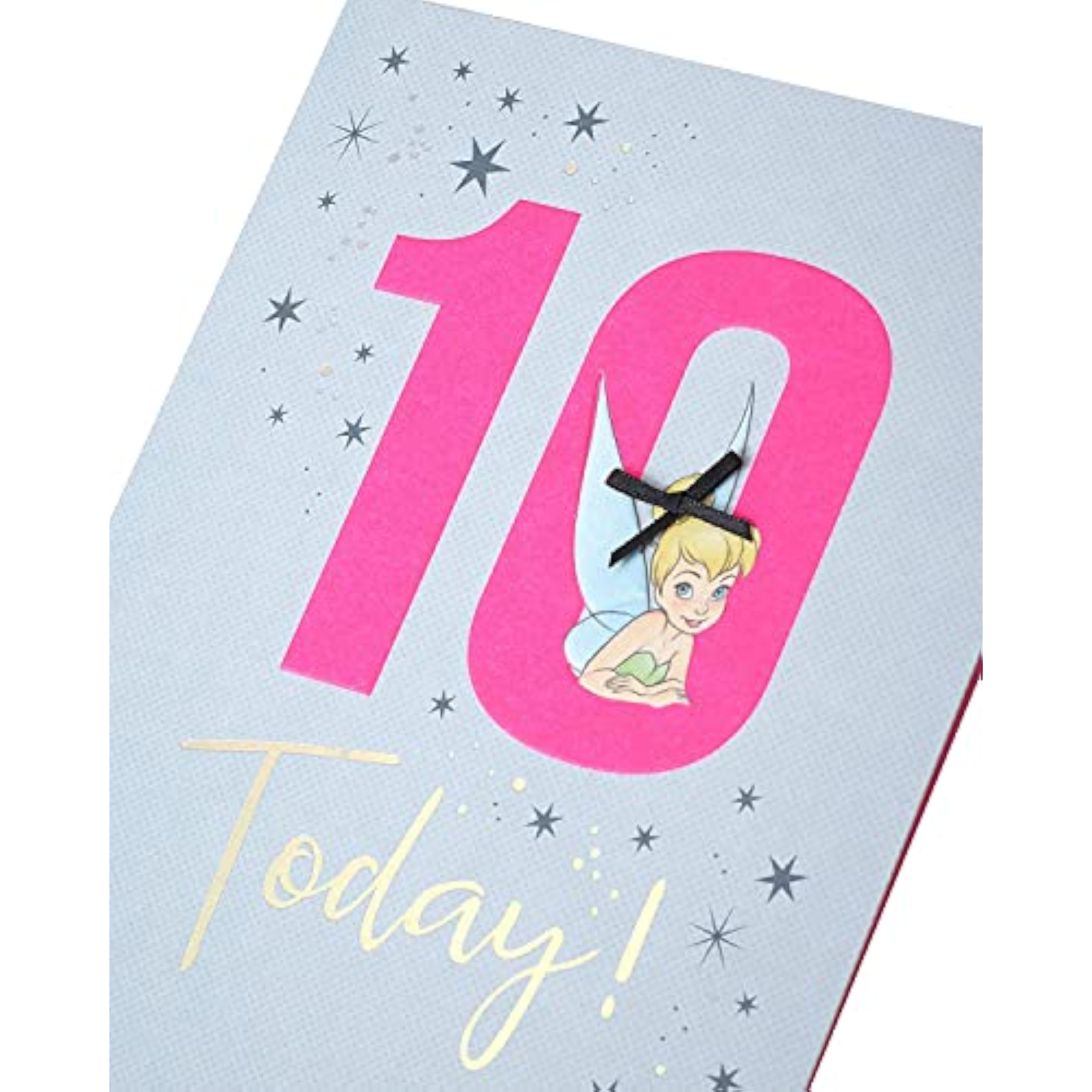 UK Greetings Disney birthday card for a 10-year-old girl featuring colorful Disney characters and festive design.
