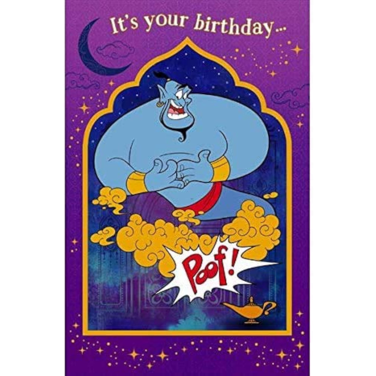Disney Aladdin holographic birthday greeting card by UK Greetings featuring colorful Aladdin design for any age.