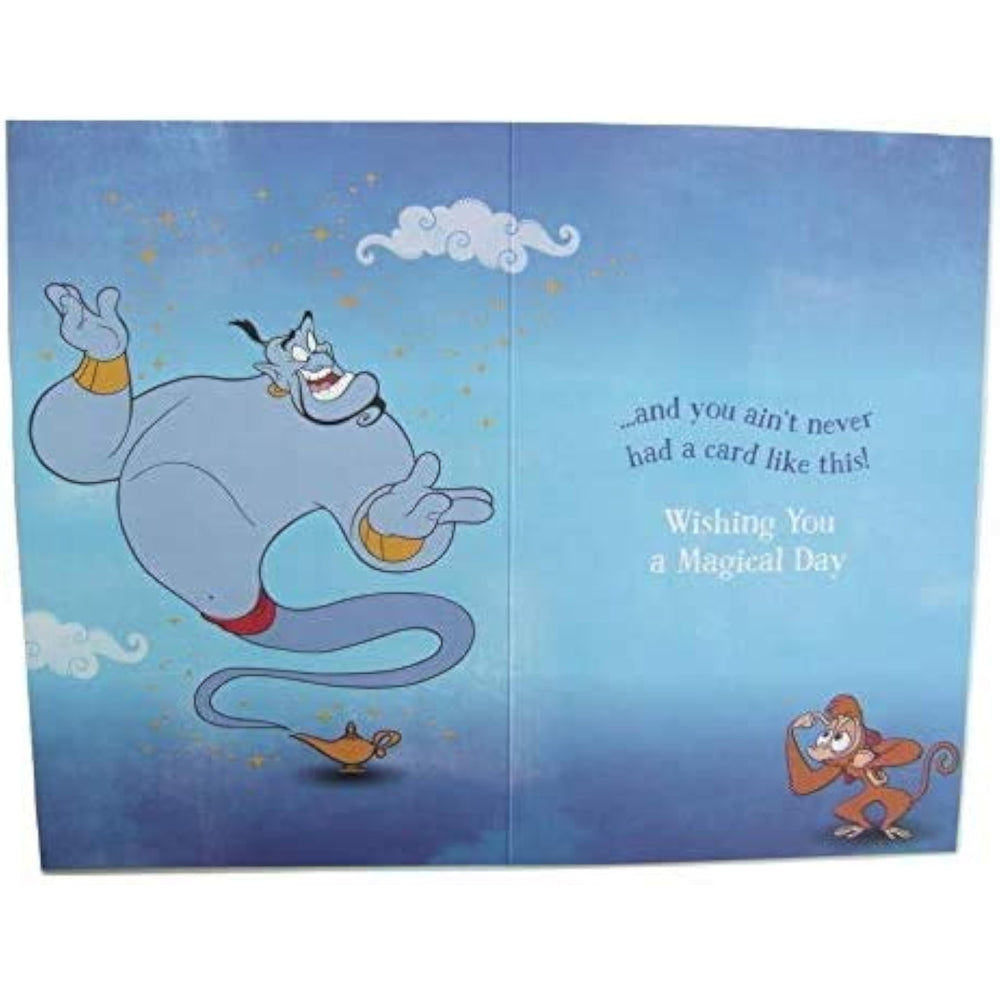 UK Greetings Disney Aladdin holographic birthday card featuring Aladdin and magic carpet design, suitable for any age.