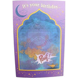 Disney Aladdin holographic birthday greeting card by UK Greetings featuring colorful Aladdin and genie design for any age.