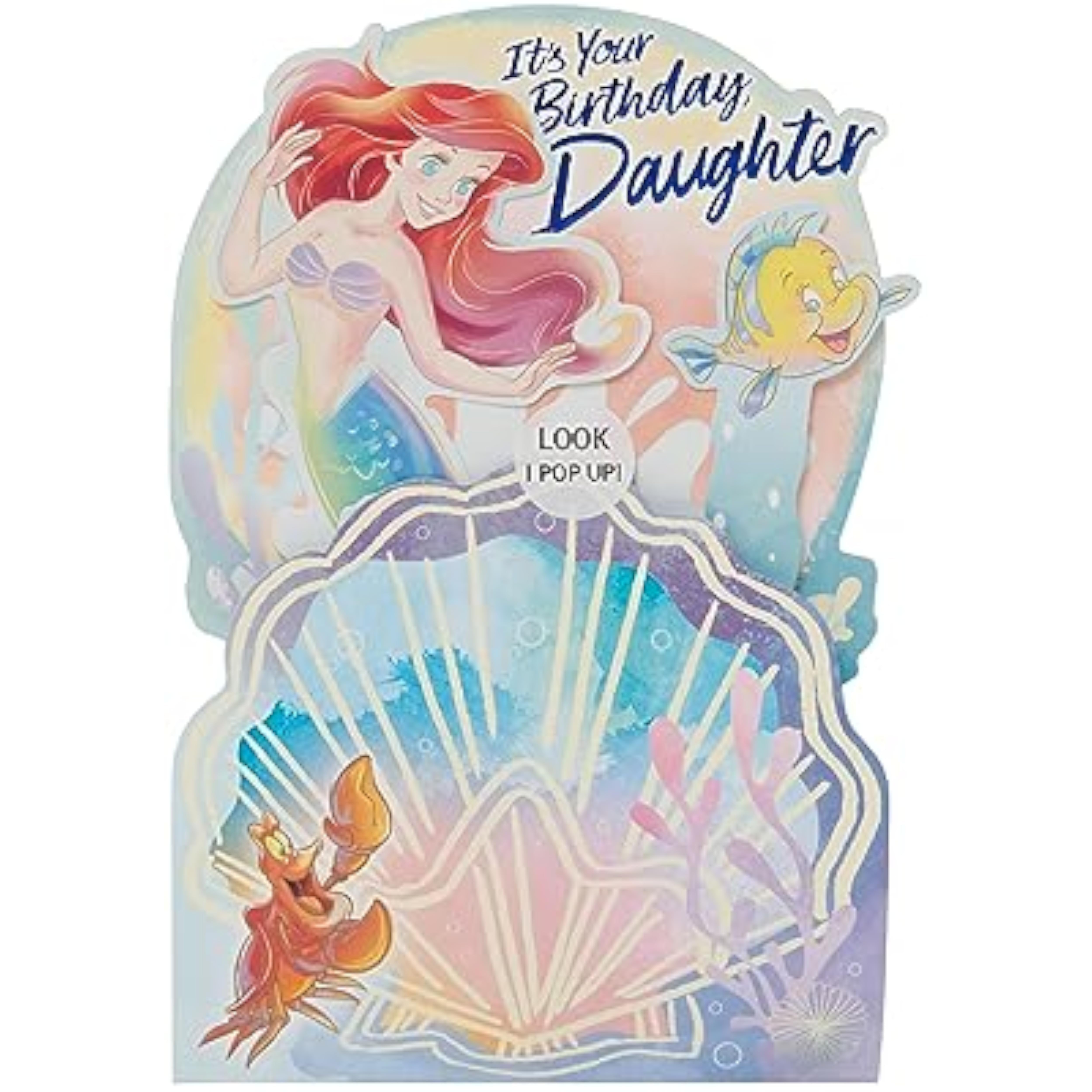 Disney Ariel and Flounder birthday greeting card by UK Greetings featuring colorful underwater scene for daughters' birthday.