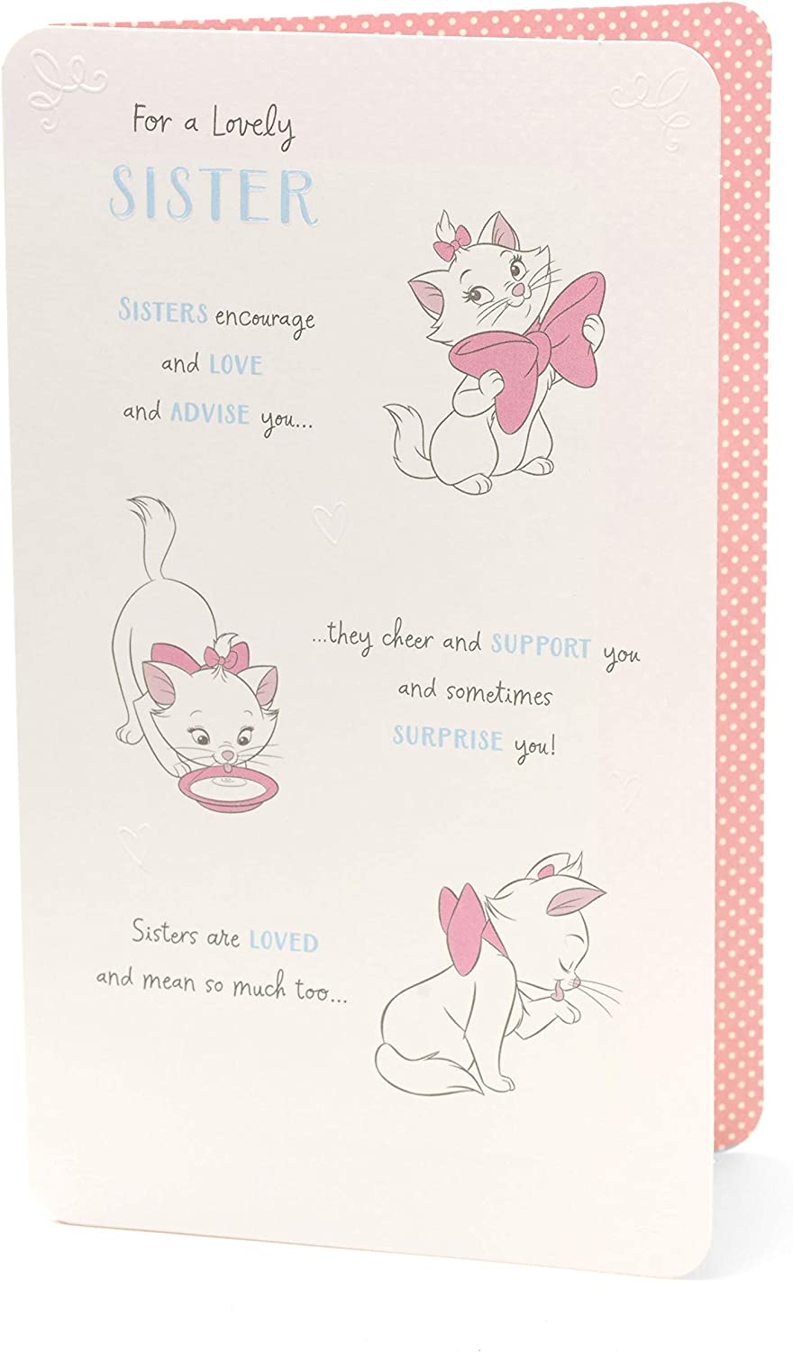 UK Greetings Disney Aristocats Marie Sister birthday card featuring Marie the cat from Disney's Aristocats in a colorful illustration.