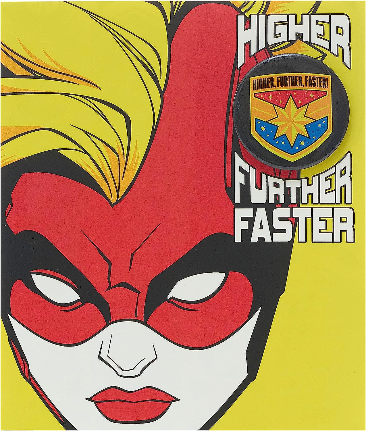 UK Greetings Disney Avengers Captain Marvel birthday greeting card featuring colorful superhero illustration and a matching badge.