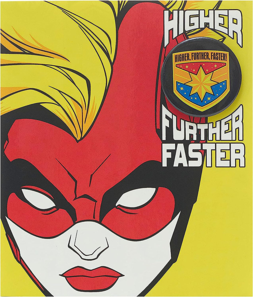 UK Greetings Disney Avengers Captain Marvel birthday greeting card featuring colorful superhero illustration and a matching badge.