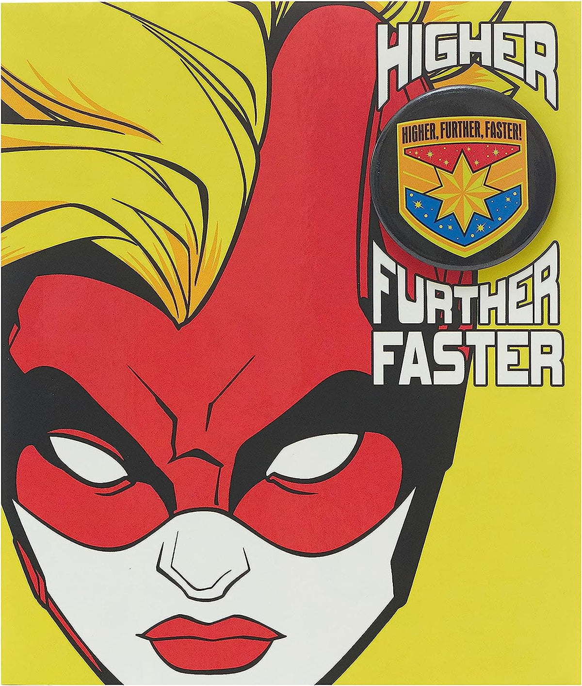 UK Greetings Disney Avengers Captain Marvel birthday greeting card featuring colorful superhero illustration and a matching badge.
