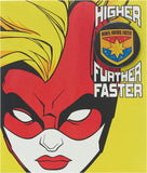 UK Greetings Disney Avengers Captain Marvel birthday greeting card featuring colorful superhero illustration and a matching badge.