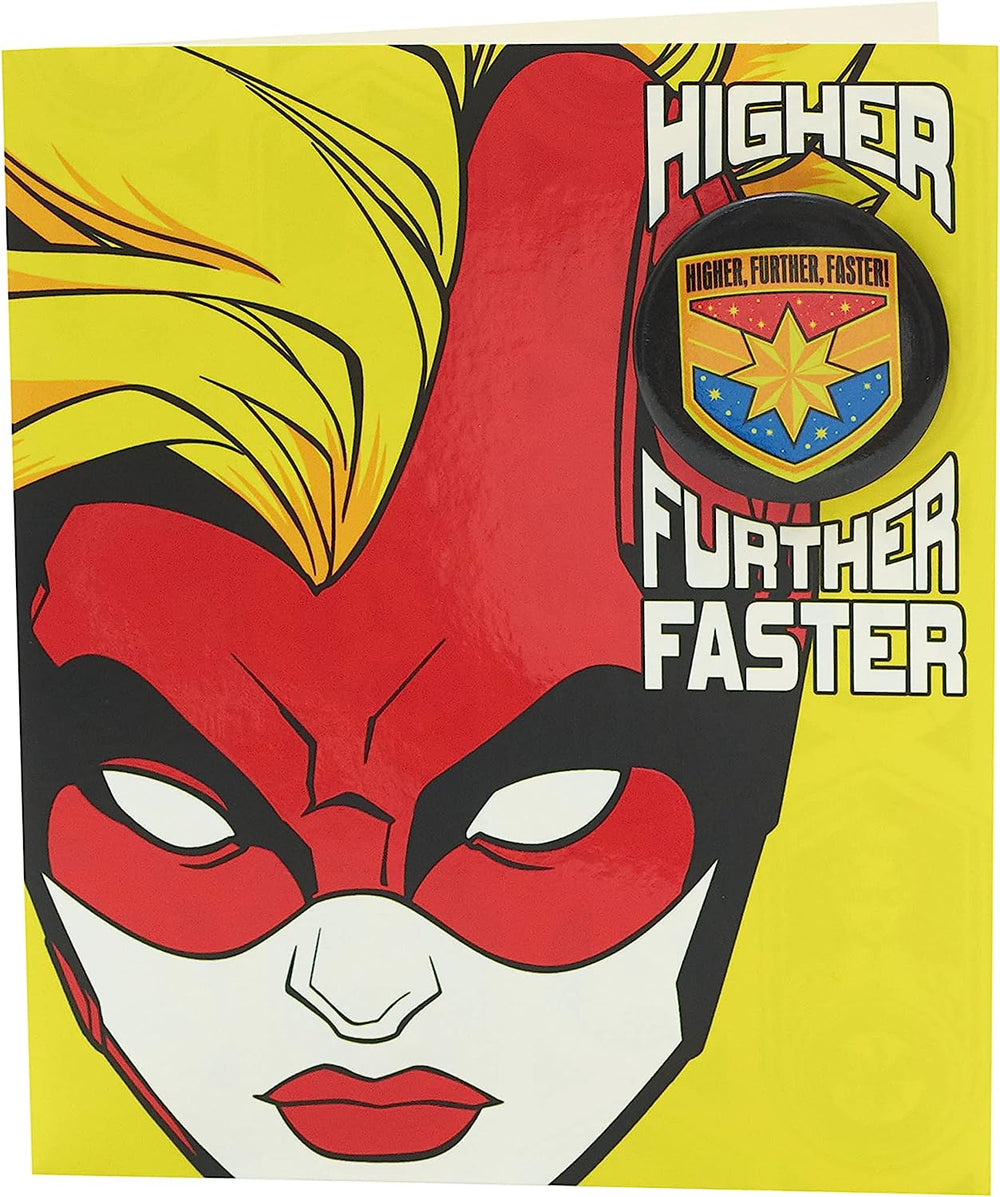 Disney Avengers Captain Marvel birthday greeting card by UK Greetings featuring a badge, suitable for fans of Marvel superheroes.