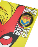 Disney Avengers Captain Marvel birthday greeting card with badge from UK Greetings, featuring colorful superhero design and festive elements.