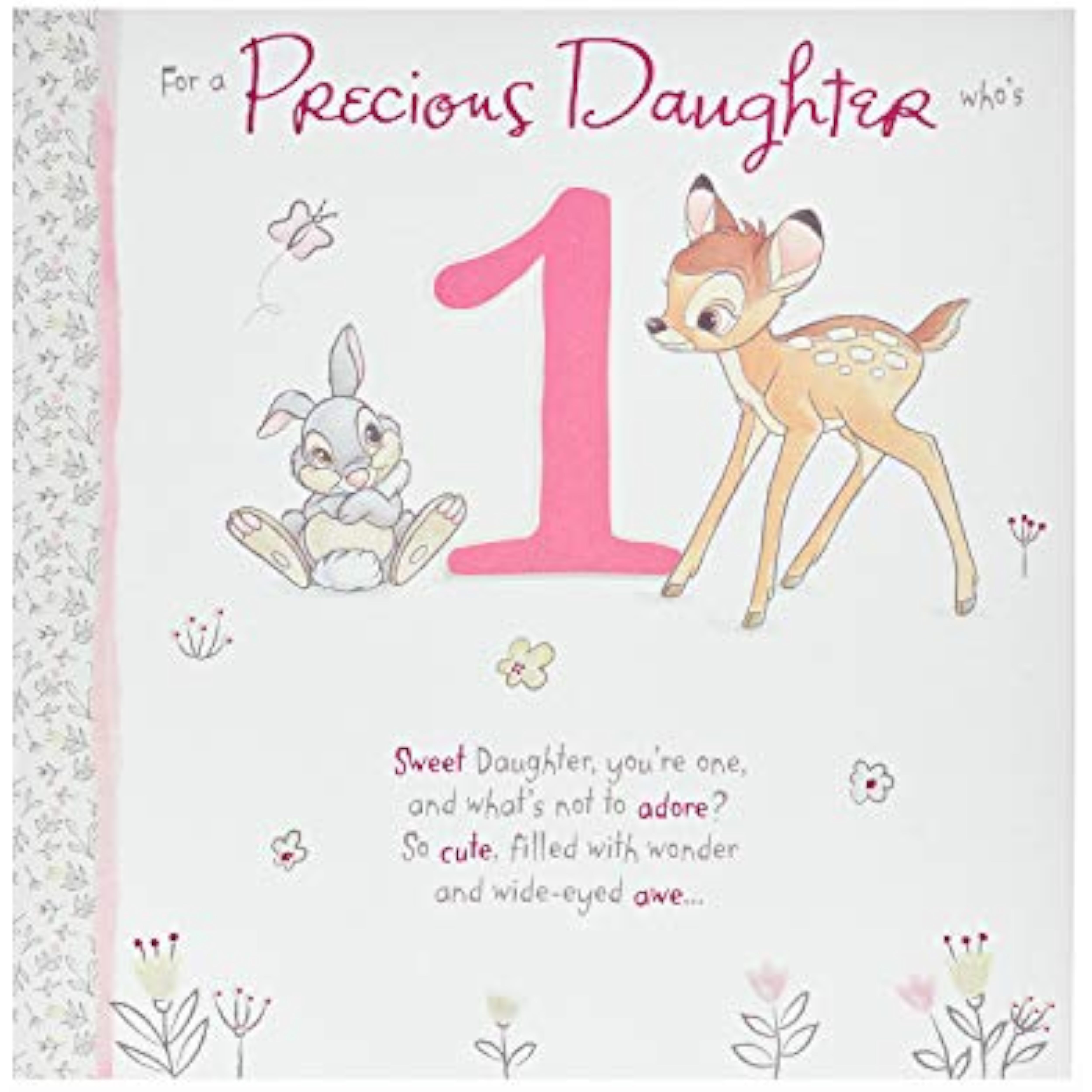 UK Greetings Disney Bambi and Thumper daughter first birthday card featuring colorful illustration of Bambi and Thumper for a special celebration