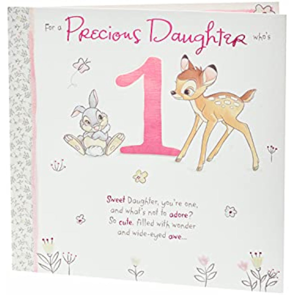 UK Greetings Disney Bambi and Thumper daughter 1st birthday card featuring colorful Bambi and Thumper illustration for a child's birthday celebration.