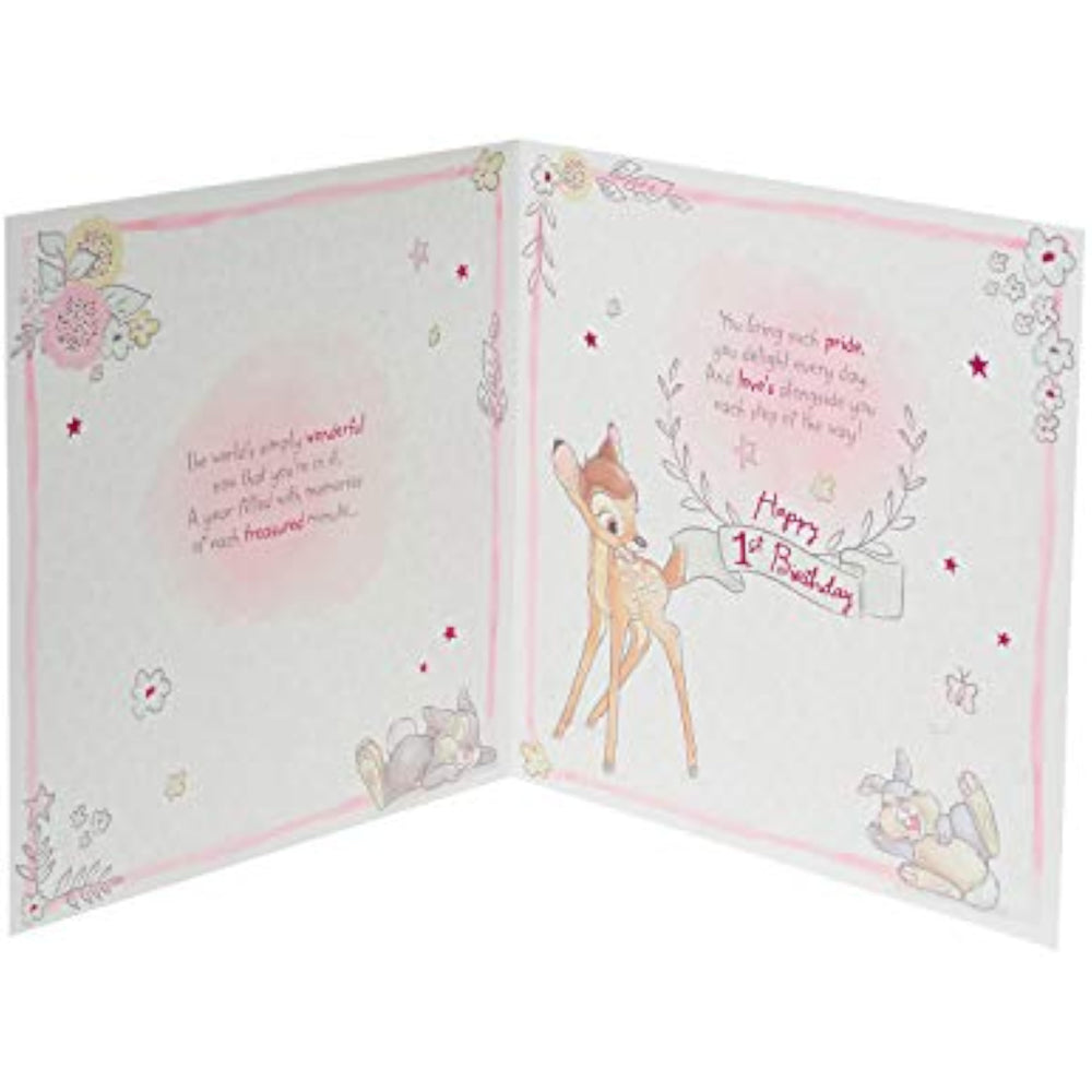 UK Greetings Disney Bambi and Thumper daughter 1st birthday card showing colorful illustration of Bambi and Thumper for a young child's birthday