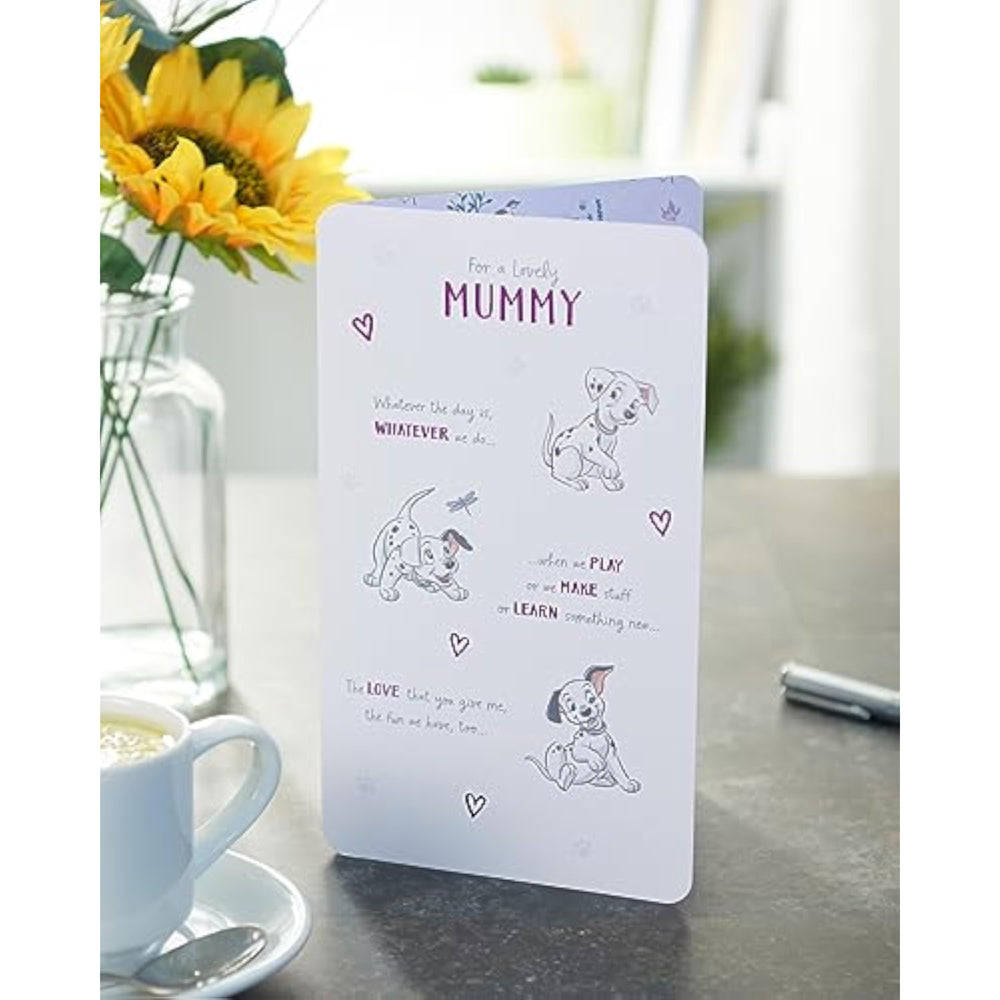 Disney 101 Dalmatians birthday greeting card for Mummy by UK Greetings, featuring colorful Dalmatian puppy artwork.