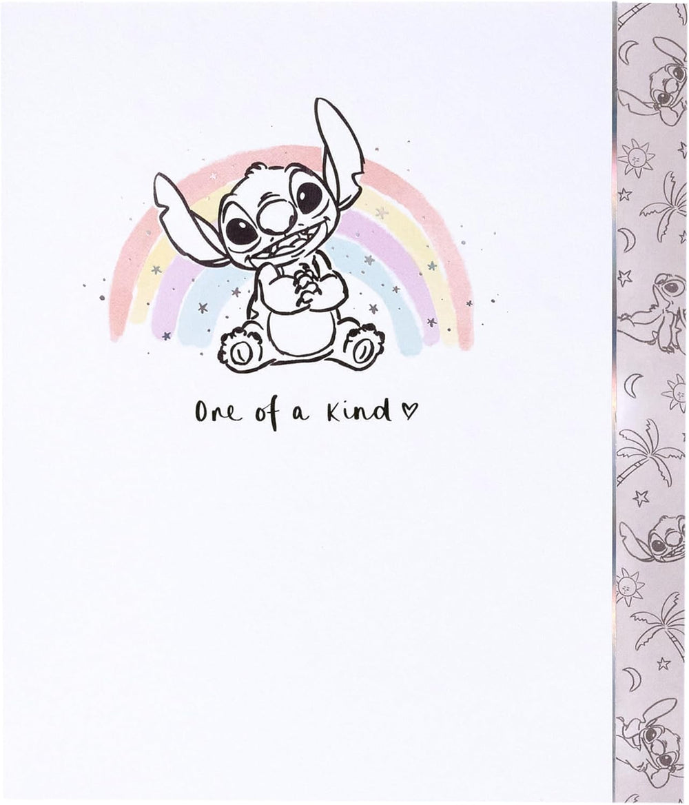 UK Greetings Disney Classics Stitch birthday card featuring cute Lilo & Stitch design, blank inside for personalized messages.