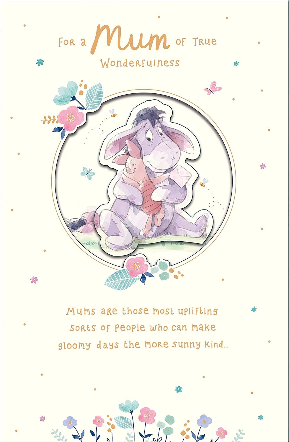 Disney Eeyore and Piglet design Mother’s Day greeting card by UK Greetings, featuring cute Disney characters on the front.