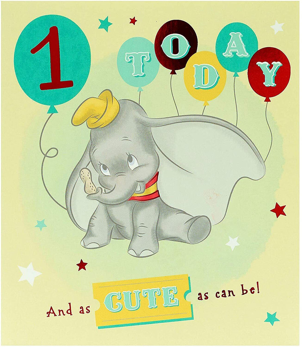 Disney Dumbo birthday greeting card by UK Greetings featuring Dumbo with a cheerful design and "1 Today" message.