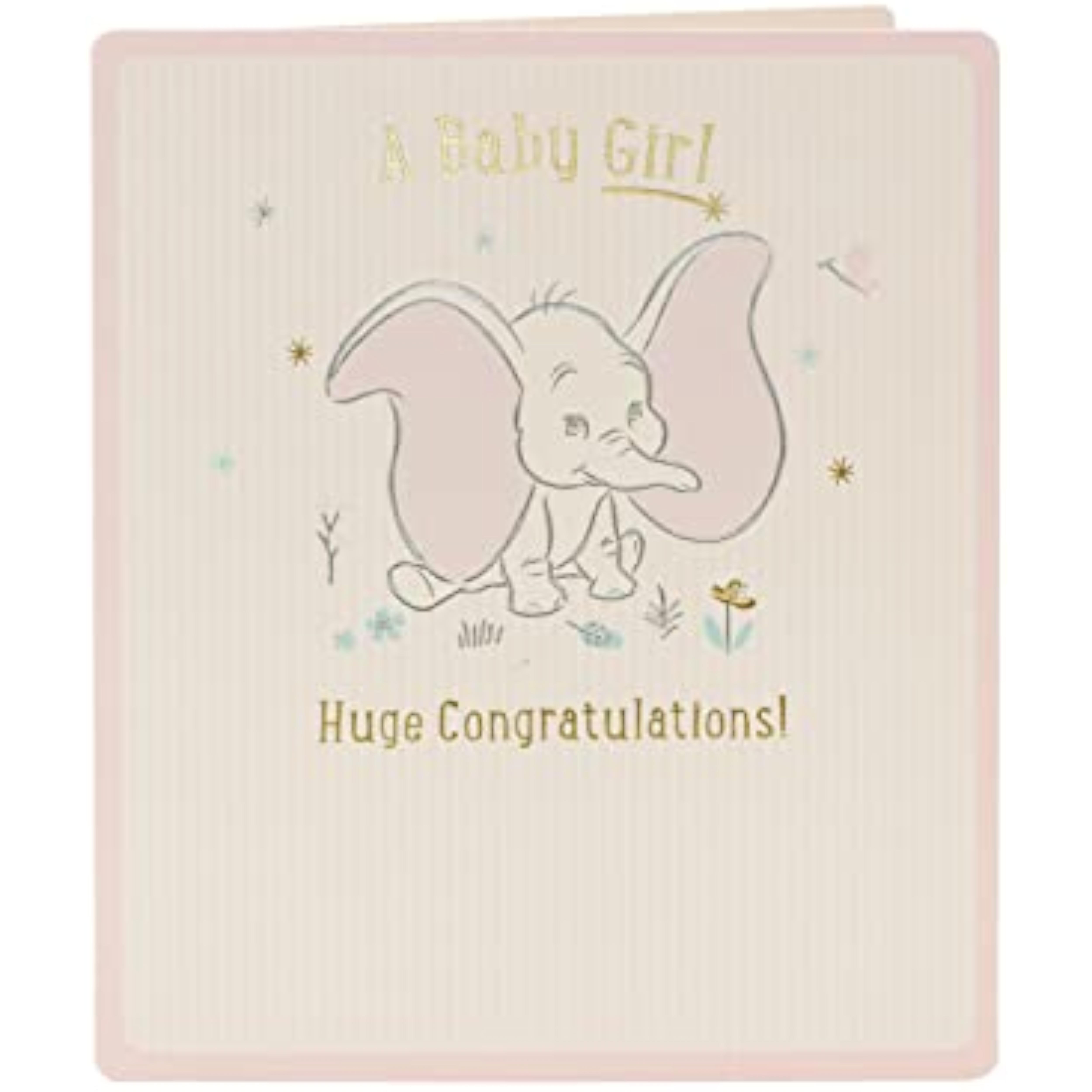 UK Greetings Disney Dumbo baby girl congratulations greeting card with colorful Dumbo illustration and heartfelt message.