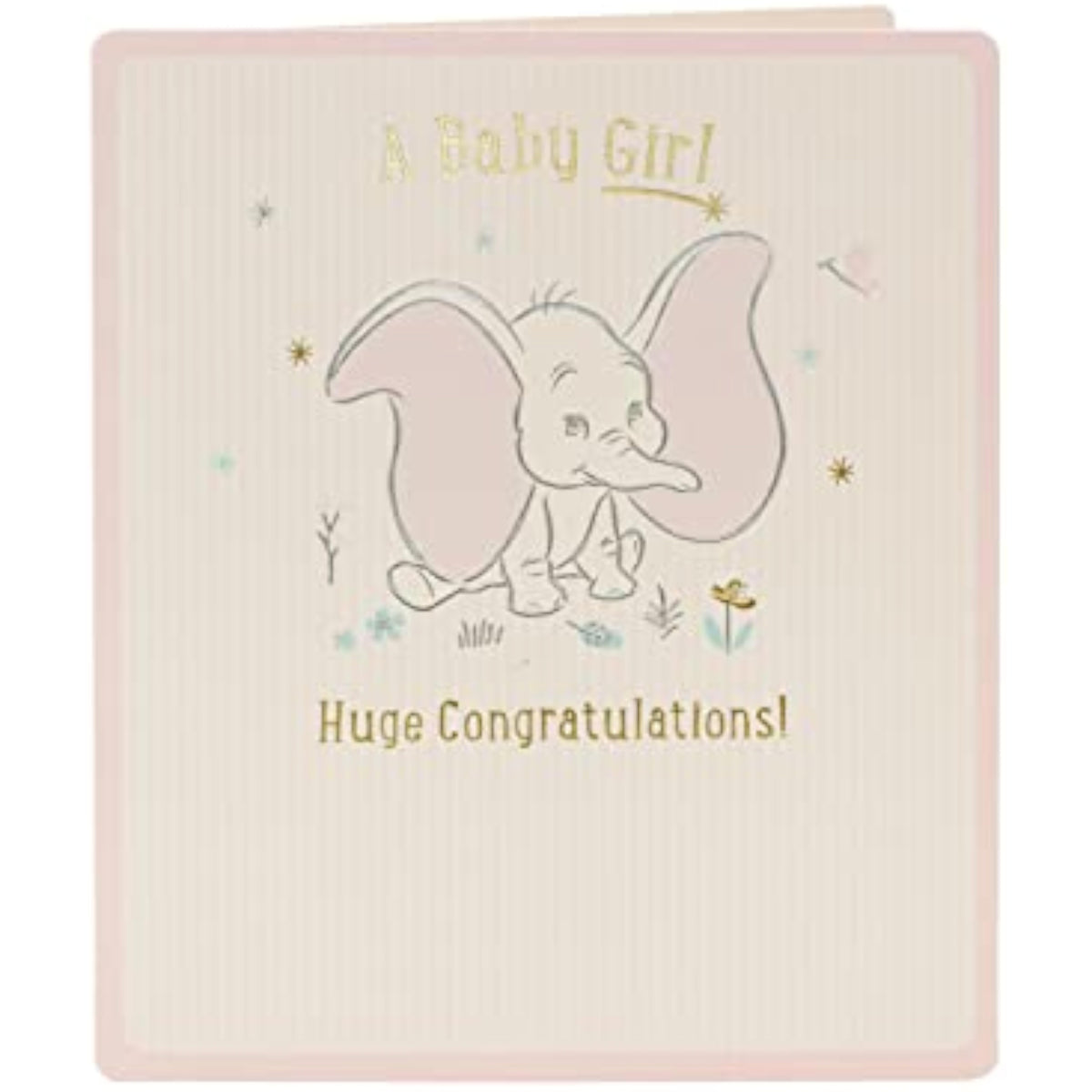 UK Greetings Disney Dumbo baby girl congratulations greeting card with colorful Dumbo illustration and heartfelt message.