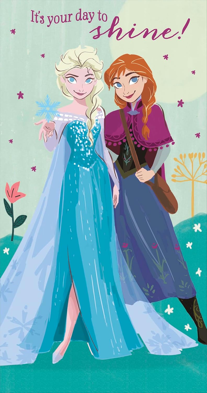 Disney Frozen birthday card by UK Greetings featuring Elsa and Anna in a magical princess design. Perfect for celebrating birthdays.