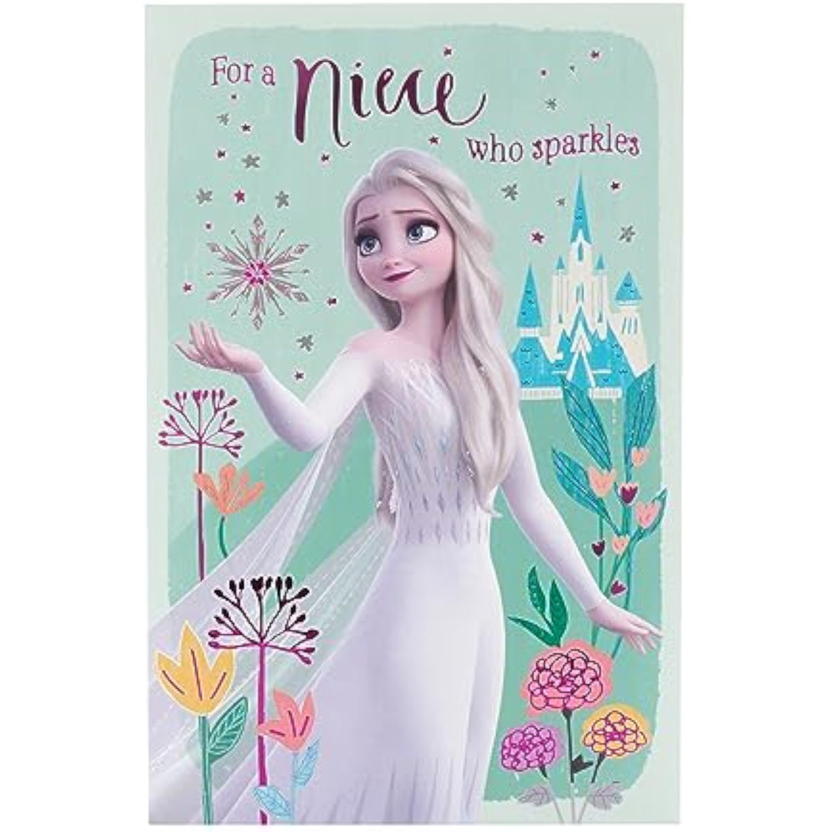 UK Greetings Disney Frozen Elsa birthday greeting card featuring Elsa from Frozen for a niece, with colorful winter-themed design.
