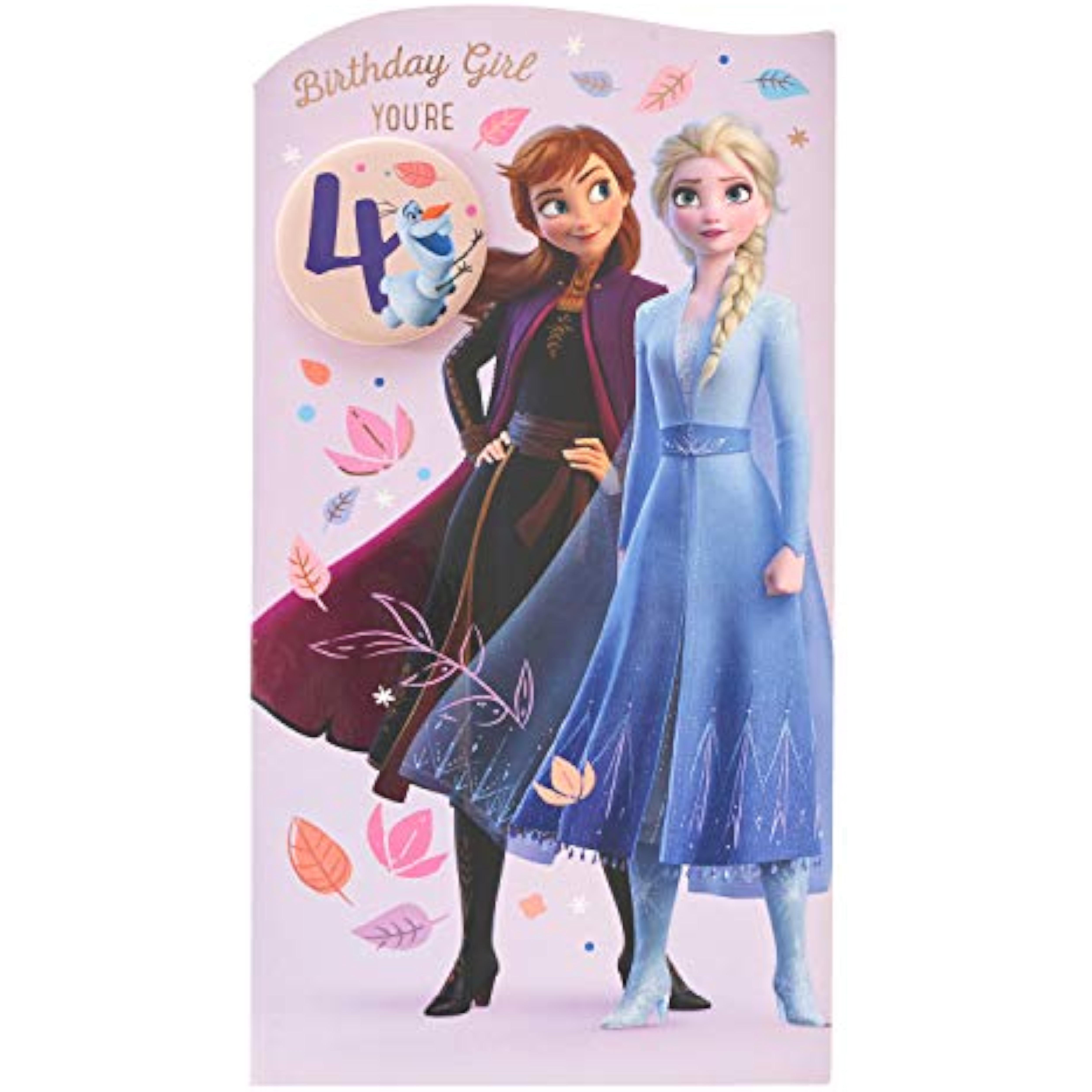 Disney Frozen Princess Anna and Elsa birthday greeting card by UK Greetings celebrating a child's 4th birthday with colorful characters.