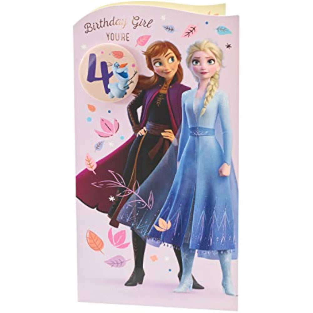 UK Greetings Disney Frozen Princess Anna & Elsa 4th Birthday Card featuring colorful characters and festive design.
